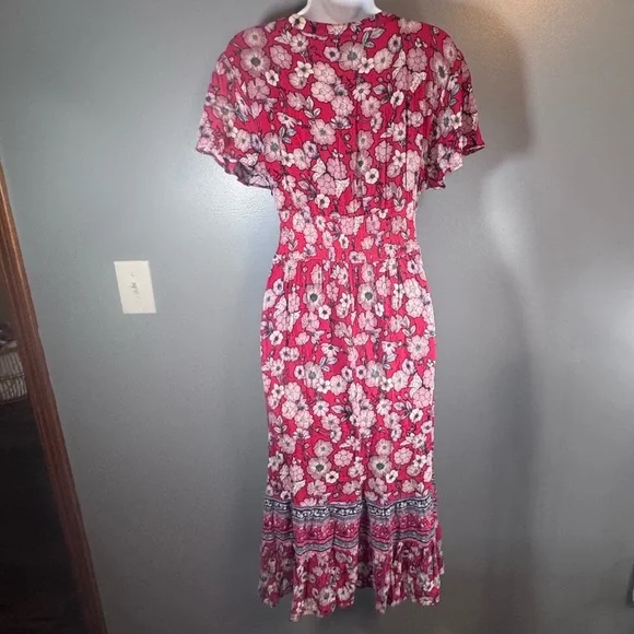 Knox Rose Red Floral Boho Midi Dress Size L | V-Neck Tiered Cottagecore - Picture 6 of 13